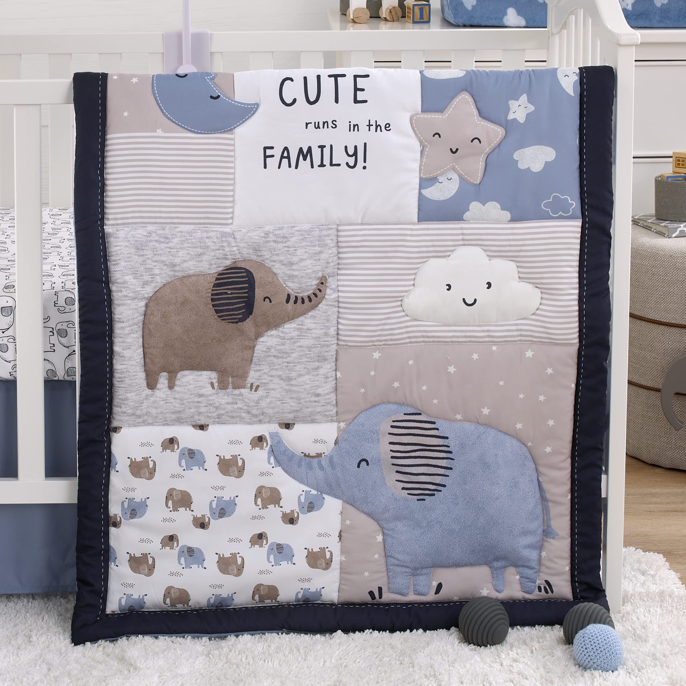 NoJo Carter's Blue Elephant - Chambray, Navy, Gray and White Elephant, Moon, Clouds and Stars 3 Piece Nursery Crib Bedding Set - Comforter, Fitted Crib Sheet and Crib Skirt - Image 8